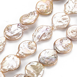 PeachPuff Natural Keshi Pearl Beads Strands, Cultured Freshwater Pearl, Flat Round, PeachPuff, 15~29x14~19x3~8mm, Hole: 0.6mm, about 16~20pcs/strand, 15.35 inch(39cm)