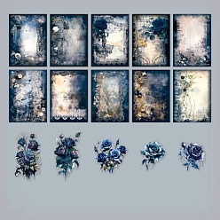 Marine Blue Flower Scrapbook Paper Pads & PET Stickers Set, for DIY Album Scrapbook, Background Paper, Diary Decoration, Marine Blue, 140x100mm, 30pcs/set