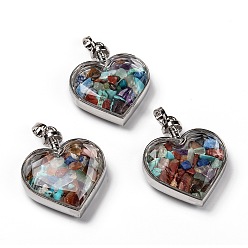 Mixed Stone Glass Bottle Pendants, with Natural Gemstone Chips and Platinum Plated Alloy Findings, Heart, 40x32.5x11mm, Hole: 8x5mm