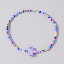 Средний Фиолетовый Браслеты-цепочки из ракушек, стеклянных и латунных бусин в пляжном стиле для женщин, средне фиолетовый, 6-1/2 дюйм (16.5 см)