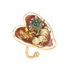 Шоколадный 304 открытые кольца манжеты из нержавеющей стали, Сердце со цветками , cmолой, золотые, цвет шоколада, размер США 8 1/2 (18.5 мм)