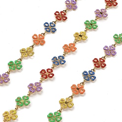 Golden Colorful Flower Enamel Link Chains, with 304 Stainless Steel Findings, Soldered, with Spool, Golden, 10x6x0.5mm, about 32.81 Feet(10m)/Roll