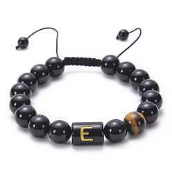 E Natural Black Agate Beaded Bracelet Adjustable Women's Handmade Alphabet Stone Strand Jewelry