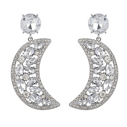 Crystal Sparkling Rhinestone Crescent Moon Dangle Stud Earrings, Platinum Alloy Long Drop Earrings for Women, Crystal, 74x37mm