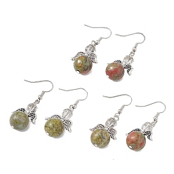 Унакит Круглые серьги с подвесками из натурального унакита из бисера, платиновые латунные украшения для женщин, без кадмия и без свинца, 45 мм, штифты : 0.7 мм