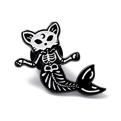 White Alloy Enamel Brooches, Enamel Pin, with Clutches, Cat Mermaid, Electrophoresis Black, White, 27x27x9.5mm, Pin: 1.2mm