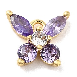 Medium Purple Brass Micro Pave Cubic Zirconia  and Glass Pendants, Lead Free & Cadmium Free, Long-Lasting Plated, Real 18K Gold Plated, Butterfly, Medium Purple, 9x10x3.5mm, Hole: 1.2mm