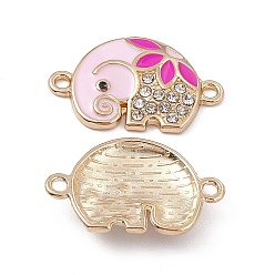 Pink Alloy Crystal Rhinestone Connector Charms, with Enamel, Elephant Links, Light Gold, Pink, 14.5x23x3mm, Hole: 1.6mm