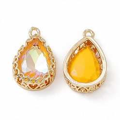 Jonquil K9 Glass Pendants, Teardrop Charms, Faceted, with Light Gold Tone Brass Edge, Jonquil, 19.5x12.5x5.5mm, Hole: 1.8mm