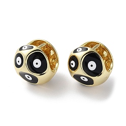 Black Round with Evil Eye Enamel Hook Earrings, Rack Plating Real 18k Gold Plated Brass Earrings, Lead Free & Cadmium Free, Black, 16x16.5x16mm