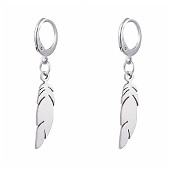 Stainless Steel Color 304 Stainless Steel Leverback Earrings, with 201 Stainless Steel Pendants, Feather, Stainless Steel Color, 40mm, Pin: 0.6x0.8mm