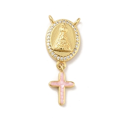 Pink Brass Charms, with Shell, Cadmium Free & Lead Free, Long-Lasting Plated, Oval with Cross, Real 18K Gold Plated, Pink, 30mm, Hole: 1.5mm