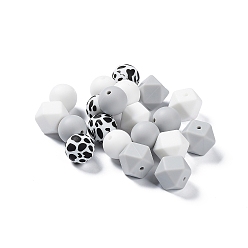 Light Grey Round/Polygon Food Grade Silicone Focal Beads, Chewing Beads For Teethers, DIY Nursing Necklaces Making, Leopard Cow Pattern, Light Grey, 14~15x15~18x14~15mm, Hole: 2.3~2.5mm, 20pcs/bag