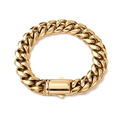 Настоящее золото 18K 304 браслеты из кубинских звеньев из нержавеющей стали для унисекс, ионное покрытие (ip), реальный 18 k позолоченный, 8-7/8 дюйм (22.4 см), ссылка: 17x14x6 mm