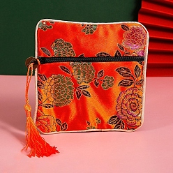 Orange Red Floral Print Polyester Jewelry Storage Zipper Pouches, with Tassels, Square, Orange Red, 12x12cm