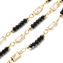 Черный Покрытие стойки, позолоченные прямоугольные цепочки из латуни с цирконием из настоящего 18k, ручной цепи стекло бисером, пайки, с катушкой, без свинца и без кадмия, чёрные, Прямоугольник: 11.5x3.5x1.5 мм, звено борта: 18x3мм