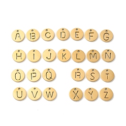 Letter A~Z Ion Plating(IP) 304 Stainless Steel Charms, Golden, Flat Round with Letter Charm, Letter A~Z, 9x1mm, Hole: 1.2mm, 26pcs/set