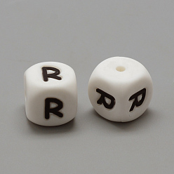 Letter R Food Grade Eco-Friendly Silicone Beads, Chewing Beads For Teethers, DIY Nursing Necklaces Making, Letter Style, Cube, Letter.R, 12x12x12mm, Hole: 2mm