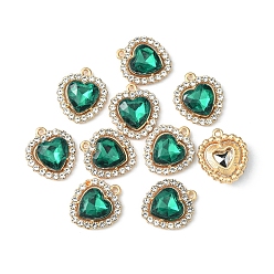 Emerald Alloy Rhinestone Charms, Heart, Light Gold, Emerald, 18x16x5mm, Hole: 1.4mm