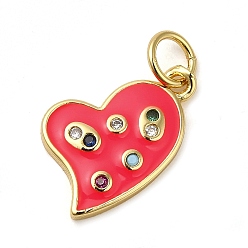 Red Rack Plating Brass Pendants, with Enamel and Cubic Zirconia, Lead Free & Cadmium Free, Real 18K Gold Plated, Heart, Red, 16x10x1.5mm