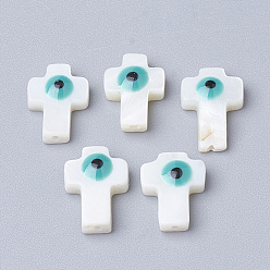 Cadet Blue Natural Freshwater Shell Beads, Cross with Evil Eye, Cadet Blue, 13x9x3.5mm, Hole: 1mm