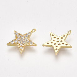 Real 18K Gold Plated Brass Micro Pave Cubic Zirconia Charms, Star, Clear, Nickel Free, Real 18K Gold Plated, 14x13x2mm, Hole: 1mm