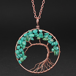 Amazonite Natural Amazonite Chip Tree of Life Pendant Necklaces, Alloy Cable Chain Necklace for Women, 20-7/8 inch(53cm)