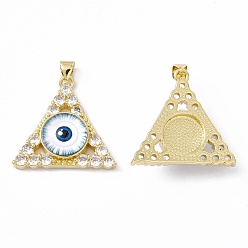 White Rack Plating Brass Micro Pave Clear Cubic Zirconia Pendants, with Resin, Real 18K Gold Plated, Long-Lasting Plated, Cadmium Free & Lead Free, Triangle with Evil Eye, White, 27x27.5x7.5mm, Hole: 4x3mm