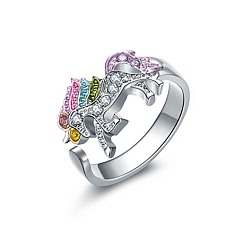 Platinum Rainbow Color Pride Flag Rhinestone Unicorn Open Cuff Ring, Alloy Jewelry for Women, Platinum, 23x20mm