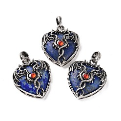Lapis Lazuli Natural Lapis Lazuli Dyed Pendants, Heart Charms, with Rack Plating Antique Silver Tone Hyacinth Rhinestone Dragon Wing Findings, 36.5~37.5x32~32.5x9.5~10.5mm, Hole: 8.5x5.5mm