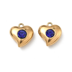Сапфир 304 подвески из нержавеющей стали, сердце прелести, со стразами, ионное покрытие (ip), золотые, сапфир, 12.5x12x6 мм, отверстие : 1.4 мм