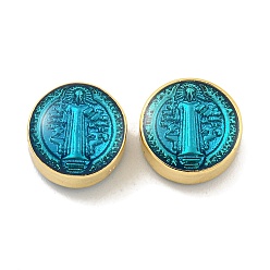 Темно-бирюзовый Стойки покрытие латунь эмаль бисер, без кадмия и без свинца, реальный 18 k позолоченный, плоский круглый со святым, темные бирюзовый, 12x7 мм, отверстие : 1.8 мм