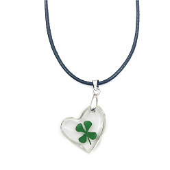 Heart Resin with Clover Pendant Necklace with Waxed Cotton Cord for Women, Heart Pattern, Pendant: 10~35mm