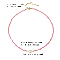 Pink Сладкие и прохладные летние ожерелья из пресноводного жемчуга, ожерелья из розового стеклянного бисера, розовые, 14.96 дюйм (38 см)