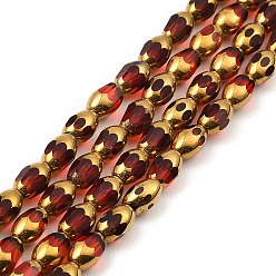 Red Faceted Electroplate Glass Beads Strands, Golden Plated, Oval, Red, 6.5~7x4mm, Hole: 0.8mm, about 50pcs/strand, 13.39''(34cm)