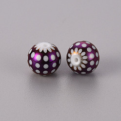 Purple Plated Electroplate Glass Beads, Round with Dots Pattern, Purple Plated, 10mm, Hole: 1.2mm