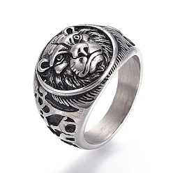 Antique Silver 304 Stainless Steel Signet Rings for Men, Wide Band Finger Rings, Flat Round with Lion, Antique Silver, Size 7~12, 17~22mm