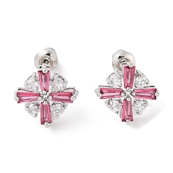 Фламинго Серьги-гвоздики из латуни с микропаве из кубического циркония, долговечный, цветок, платина, фламинго, 13.5x14 мм