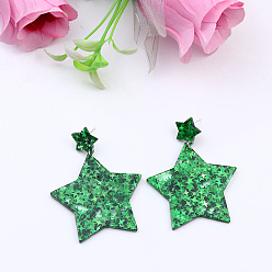 Green Glitter Acrylic Star Dangle Stud Earrings for Party, Green, 10mm