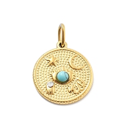 Синтетическая Бирюза 304 подвески из нержавеющей стали с синтетической бирюзой, с целью перехода в кольце, плоские круглые прелести, ионное покрытие (ip), реальный 14 k позолоченный, 19x16.5x4 мм, отверстие : 4x2.5 мм