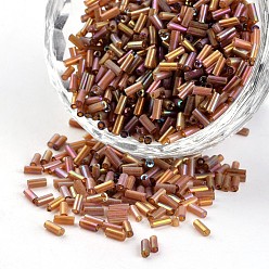 Sienna Glass Bugle Beads, Transparent Colours Rainbow, Sienna, 3~5x1.8~2mm, Hole: 0.8mm, about 12000pcs/450g