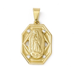 Golden Vacuum Plating 304 Stainless Steel Pendants, with Crystal Rhinestone, Octagon with Virgin Mary, Golden, 25x16.5x3mm, Hole: 6.5x3mm