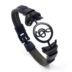 Black Alloy Musical Note Link Bracelet with Leather Cords for Men, Black, 8-1/4 inch(21cm)
