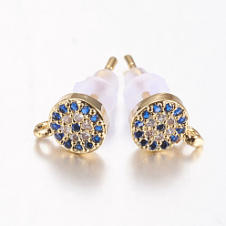 Golden Brass Micro Pave Cubic Zirconia Stud Earring Findings, Lead Free & Cadmium Free, Flat Round, Blue, Golden, 8x6x2mm, Pin: 0.8mm