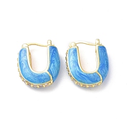 Deep Sky Blue Enamel Half Round Hoop Earrings with Clear Cubic Zirconia, Real 18K Gold Plated Brass Jewelry for Women, Lead Free & Cadmium Free, Deep Sky Blue, 22x18.5x6.5mm, Pin: 0.8~1.3x0.7mm