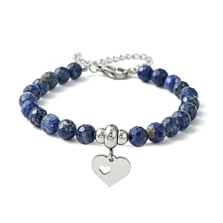 Lapis Lazuli Natural Lapis Lazuli Beaded Bracelets, Heart 304 Stainless Steel Charms Bracelets for Women, 7 inch(17.9cm)