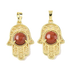 Красный Камень Природные красной яшмы подвески, латунные полые хамса ручные амулеты, стойки покрытие, без кадмия и без свинца, золотые, 33x22x6.5 мм, отверстие : 7.5x5 мм