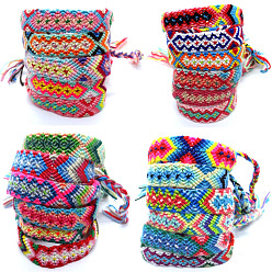 Mixed Color Cotton Braided Rhombus Pattern Cord Bracelet, Ethnic Tribal Adjustable Brazilian Bracelet for Women, Mixed Color, 5-7/8~14-1/8 inch(15~36cm)