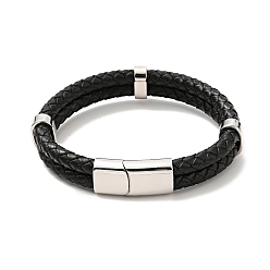 Black Leather Braided Double Loops Multi-strand Bracelet with 304 Stainless Steel Magneti Clasp for Men Women, Black, 8-5/8 inch(22cm)