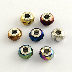 Mixed Color Glass European Beads, Large Hole Beads with Brass Plating Silver Color Plated Double Cores, Faceted, Rondelle, Mixed Color, 14x9mm, Hole: 5mm